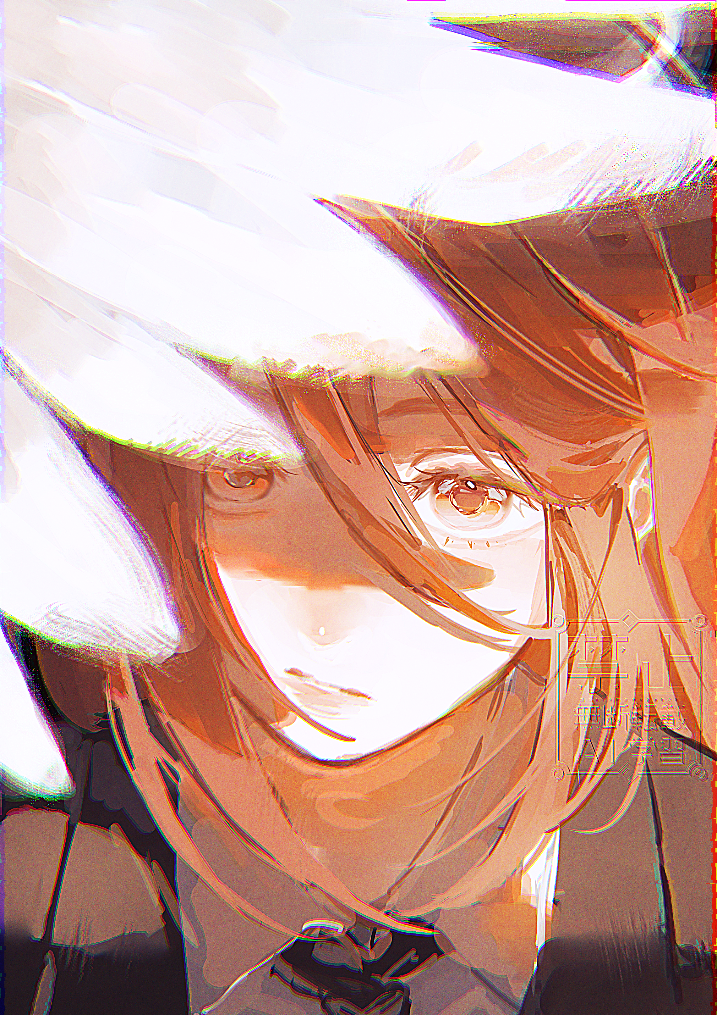 soramameponzu, angel devil (chainsaw man), chainsaw man, absurdres, commentary request, highres, 1boy, angel wings, black necktie, chromatic aberration, closed mouth, collared shirt, eyelashes, hair between eyes, jacket, long hair, male focus, necktie, red hair, shirt, solo, suit jacket, upper body, watermark, white shirt, white wings, wings