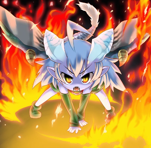 gengorou, lunastra, capcom, monster hunter (series), bad id, bad pixiv id, 1girl, ahoge, all fours, blue skin, collar, colored skin, demon girl, dragon girl, female focus, fire, horns, monster girl, personification, solo, tail, wings