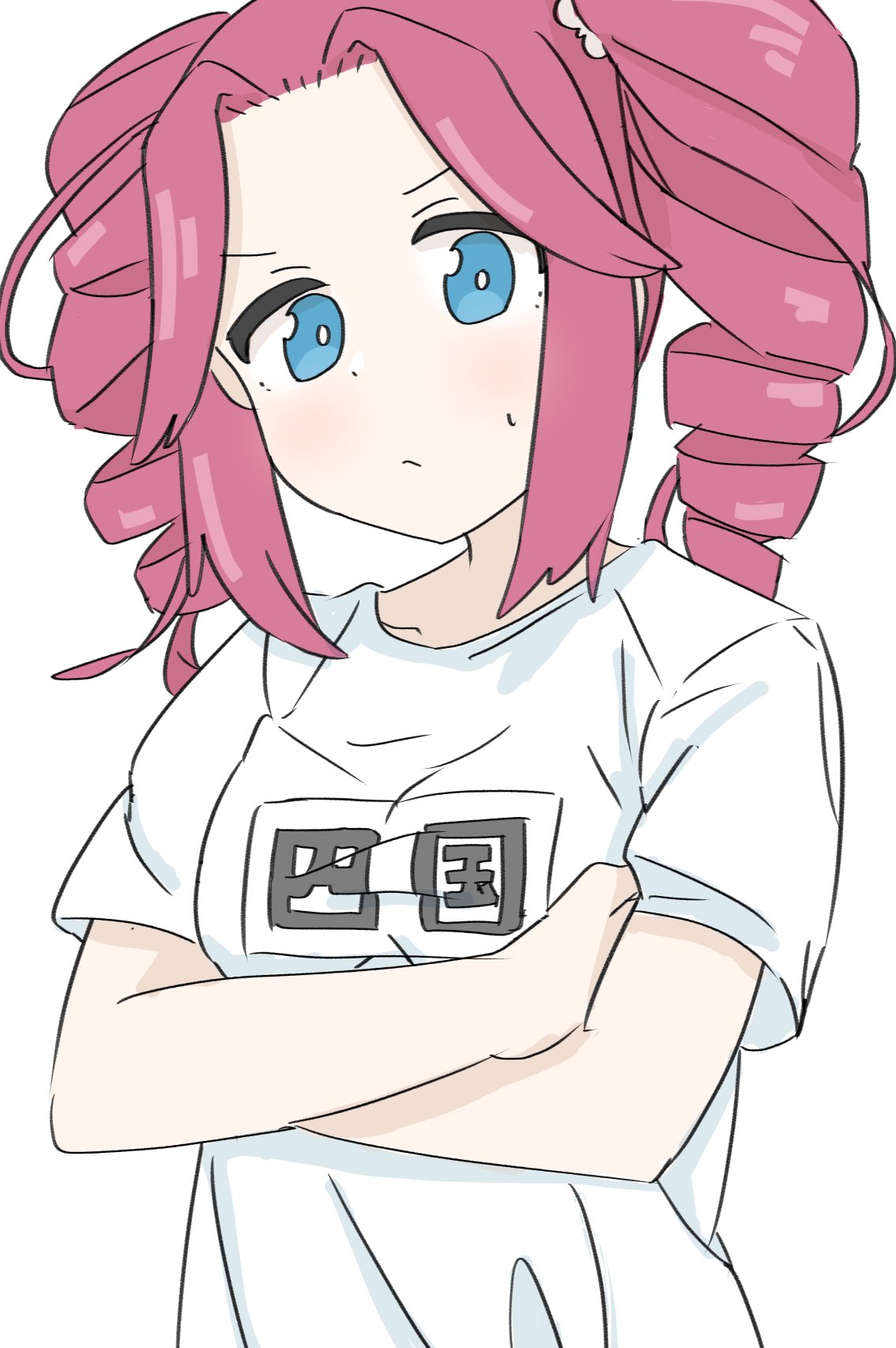 tuitou, shikoku metan, utau, voicevox, commentary request, highres, 1girl, blue eyes, breasts, closed mouth, crossed arms, curtained hair, drill hair, frown, looking at viewer, medium hair, pink hair, shirt, short sleeves, simple background, small breasts, solo, t-shirt, twin drills, upper body, white background, white shirt