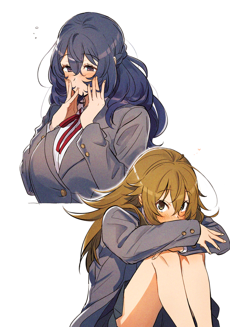 404no2929, original, revision, 2girls, blue hair, blush, braid, breasts, brown eyes, brown hair, collared shirt, half up braid, half updo, hands on own face, head on knees, hugging own legs, large breasts, long hair, looking up, miya (404no2929), multiple girls, neck ribbon, pleated skirt, purple eyes, ribbon, school uniform, shion (404no2929), shirt, sitting, skirt, white background, yuri