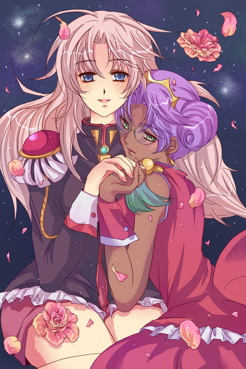 morokoshi (pixiv283496), morokoshi (tamago), himemiya anthy, tenjou utena, shoujo kakumei utena, highres, 1990s (style), 2girls, aiguillette, blue eyes, epaulettes, flower, glasses, green eyes, long hair, multiple girls, pink hair, purple hair, yuri