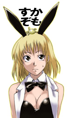 gengorou, oikawa hazuki, oryzae-tan, moyashimon, bad id, bad pixiv id, 1girl, animal ears, blonde hair, bow, bowtie, breasts, brown eyes, cleavage, detached collar, fake animal ears, female focus, medium breasts, playboy bunny, rabbit ears, solo, sweatdrop, vest