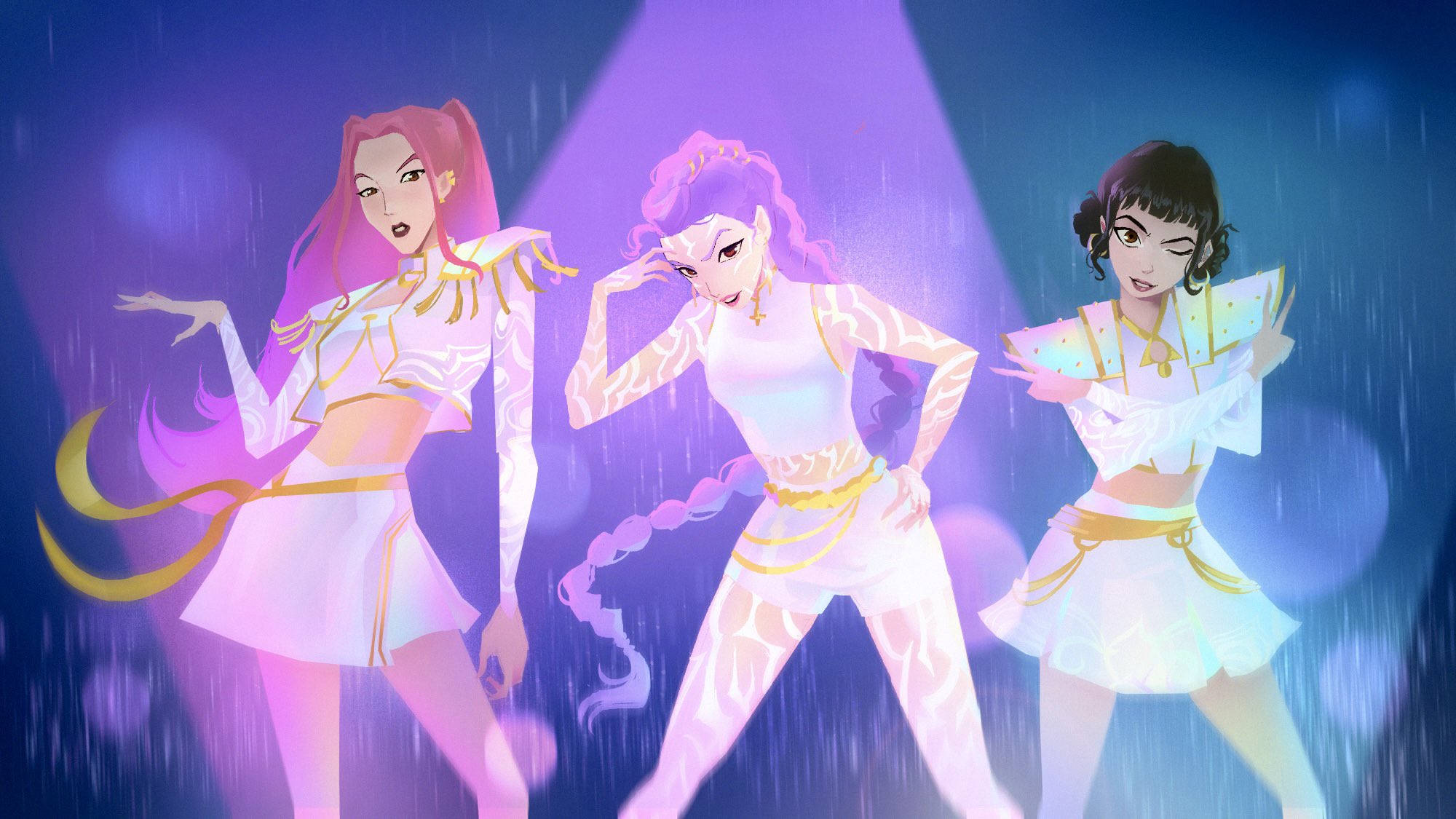 mira (kpop demon hunters), rumi (kpop demon hunters), zoey (kpop demon hunters), kpop demon hunters, commentary, english commentary, highres, 3girls, black hair, body markings, braid, braided ponytail, cowboy shot, cropped jacket, double bun, gabycvenegas, hair bun, hand on own hip, long hair, long sleeves, multiple girls, one eye closed, pink hair, purple hair, short bangs, shoulder pads, sidelocks, skirt, sleeveless, sleeveless turtleneck, turtleneck, twintails, white skirt