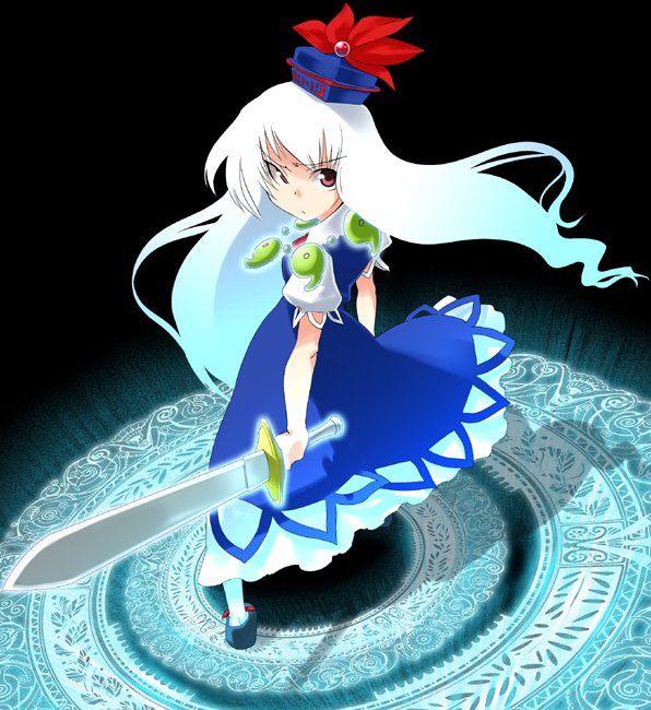 gengorou, kamishirasawa keine, touhou, bad id, bad pixiv id, 1girl, brown eyes, dress, female focus, hat, long hair, looking back, magatama, magic circle, solo, sword, weapon, white hair