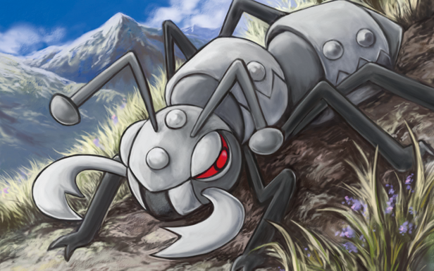 harada midori, durant, nintendo, pokemon, pokemon tcg, official art, third-party source, animal focus, antennae, blue sky, bug, cloud, day, gen 5 pokemon, grass, mandibles, mountain, no humans, outdoors, pokemon (creature), pokemon focus, sky, solo