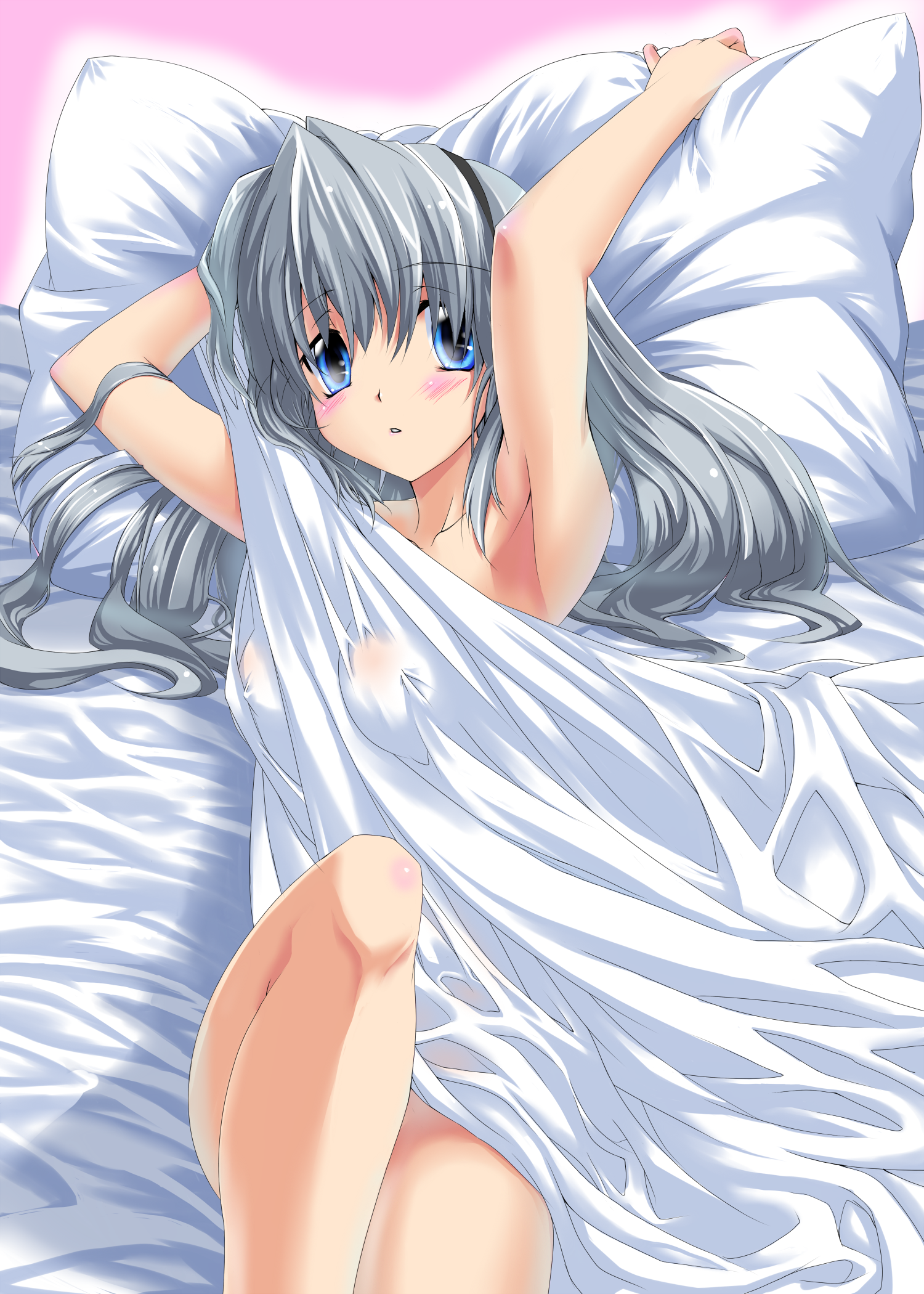 hazuki touya, kyougoku touya, sakagami tomoyo, clannad, key (company), kyoto animation, silver hair, highres, 00s, 1girl, armpits, bed sheet, blue eyes, blush, female focus, hairband, long hair, naked sheet, nude, pillow, solo