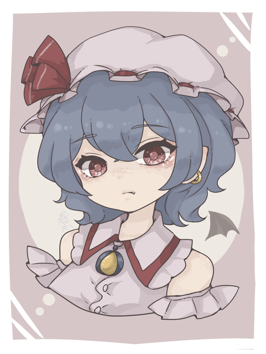 harukairo, remilia scarlet, touhou, highres, 1girl, artist name, bat wings, brooch, clothing cutout, earrings, frilled hat, frills, gem, green gemstone, hair between eyes, hat, hat ribbon, jewelry, mob cap, pink shirt, purple hair, red eyes, red ribbon, ribbon, shirt, short hair, shoulder cutout, single earring, solo, white hat, wings