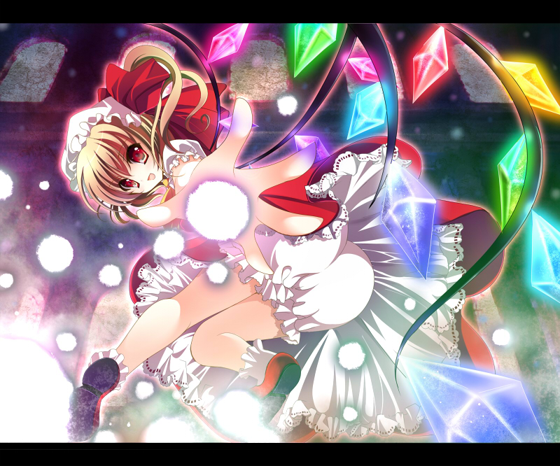 kino (kino konomi), kino konomi, konomi (kino konomi), maruru (pixiv), flandre scarlet, touhou, bad id, bad pixiv id, 1girl, ass, blonde hair, bloomers, danmaku, female focus, from below, glowing, looking at viewer, looking back, open mouth, petticoat, red eyes, side ponytail, smile, solo, underwear, upskirt, wings