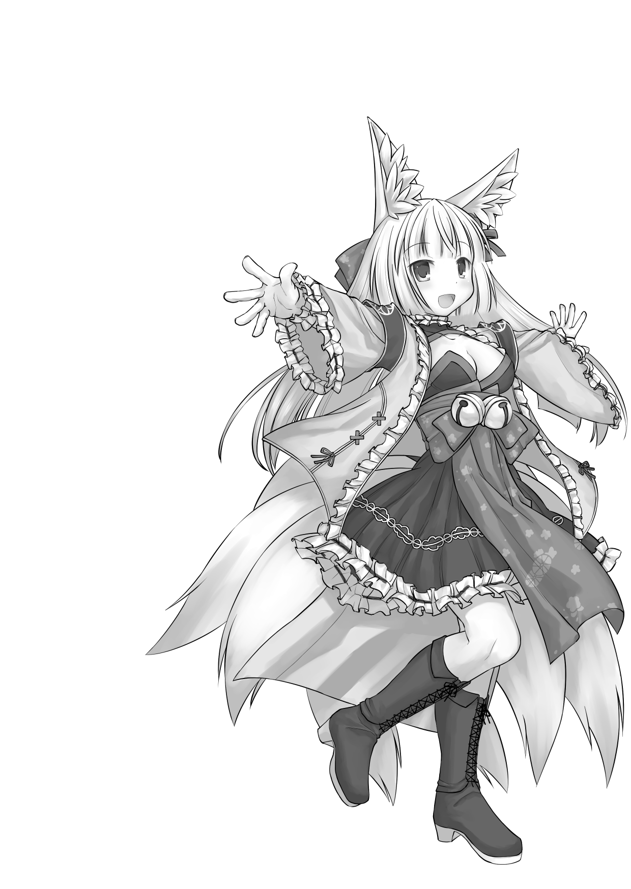 kasuga yukihito, emil chronicle online, highres, animal ears, bell, boots, breasts, choker, cleavage, cleavage cutout, clothing cutout, dress, fox ears, fox girl, fox tail, frilled choker, frilled dress, frilled jacket, frills, hair ribbon, jacket, large breasts, monochrome, multiple tails, open mouth, outstretched arms, ribbon, sash, smile, tail, tamamo lore