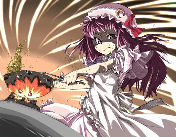gengorou, patchouli knowledge, touhou, 1girl, apron, cooking, crescent hat ornament, female focus, fire, flipping food, food, hat, hat ornament, long hair, mamemaki, purple eyes, purple hair, shaded face, solo, sweat, wok
