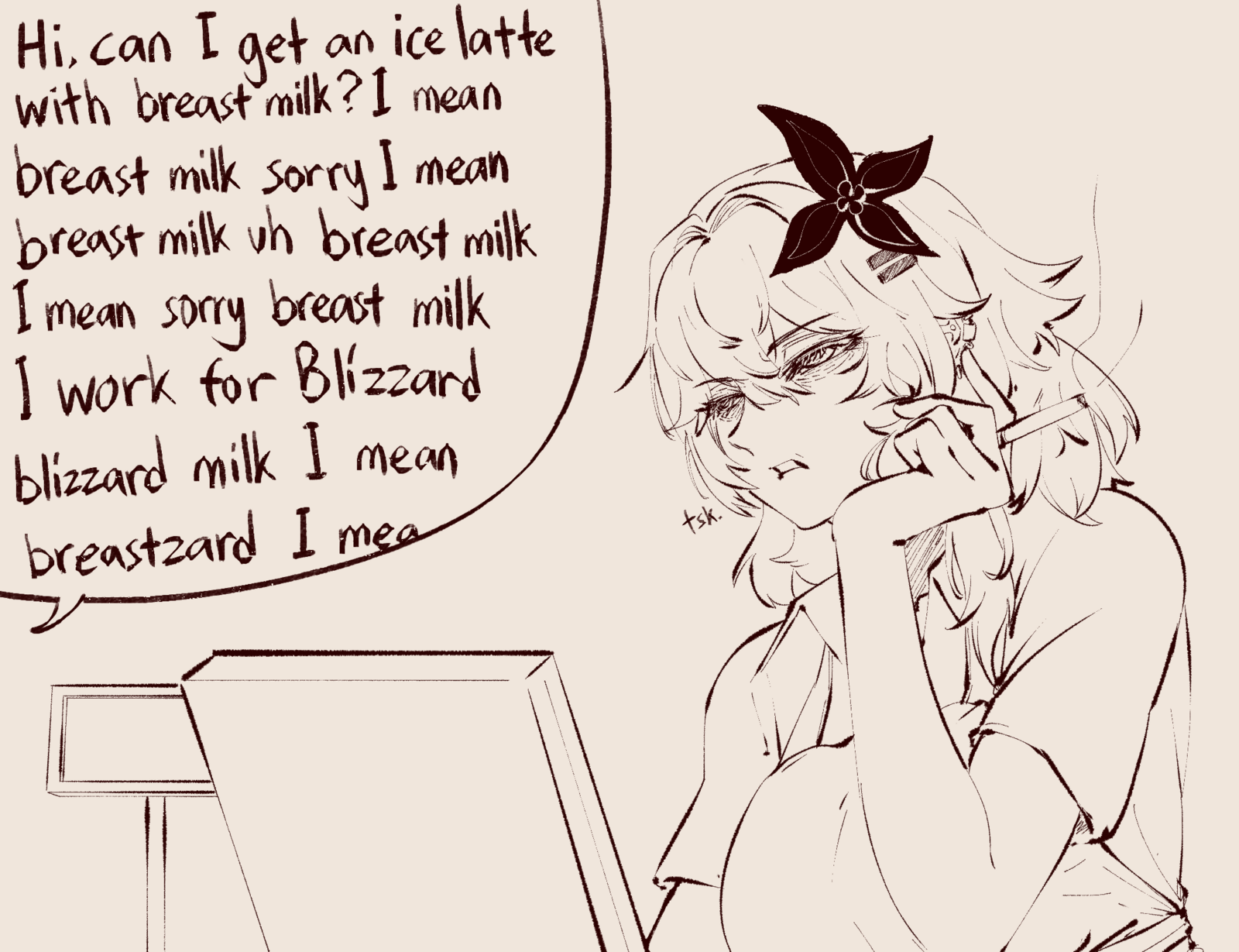tsk, evernight (honkai: star rail), march 7th (honkai: star rail), honkai: star rail, honkai (series), highres, 1girl, annoyed, apron, bags under eyes, between fingers, breasts, cash register, cigarette, disgust, drawegg, english text, eyelashes, flower, hair flower, hair ornament, hairclip, half-closed eyes, hand on own cheek, hand on own face, head rest, high contrast, holding, holding cigarette, iced latte with breast milk (meme), large breasts, lineart, meme, monochrome, parallel hairclips, parted lips, sidelocks, simple background, solo, speech bubble, upper body, white background