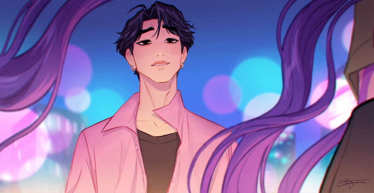 jinu (kpop demon hunters), rumi (kpop demon hunters), kpop demon hunters, commentary, english commentary, 1boy, 1girl, black hair, black shirt, brown eyes, earrings, jewelry, long hair, looking at another, night, parted lips, pink shirt, purple hair, shirt, short hair, smile, tenyais, very long hair