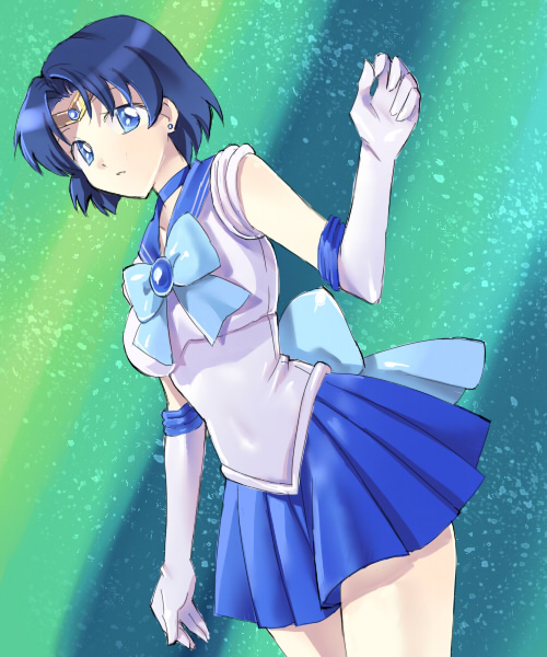 ayamoto, mizuno ami, sailor mercury, bishoujo senshi sailor moon, 1990s (style), 1girl, blue eyes, blue hair, blue sailor collar, blue skirt, choker, elbow gloves, female focus, gloves, magical girl, matching hair/eyes, retro artstyle, sailor collar, short hair, skirt, solo, tiara, white gloves