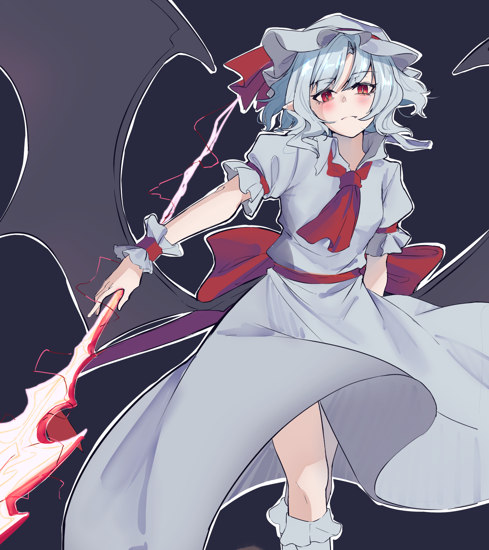 kanaria (bcomn), remilia scarlet, touhou, highres, 1girl, ascot, bat wings, blue hair, bow, breasts, cat, dress, frilled cuffs, frilled sleeves, frills, grey cat, grey dress, grey socks, hand up, hat, hat ribbon, holding, holding polearm, holding weapon, medium hair, pointy ears, polearm, puffy short sleeves, puffy sleeves, red ascot, red bow, red eyes, red ribbon, ribbon, short sleeves, small breasts, socks, solo, spear the gungnir, waist bow, weapon, wings, wrist cuffs