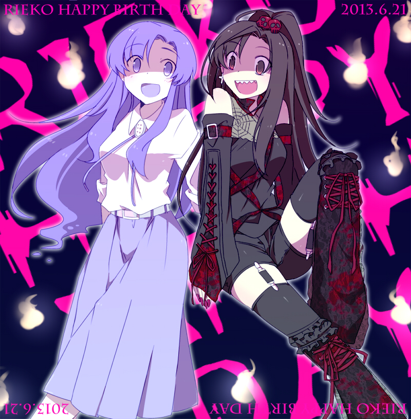 b (kana0816), hinaga rieko, kami nomi zo shiru sekai, commentary request, 2girls, :d, aged up, arm at side, arm belt, bare shoulders, belt, belt buckle, black garter straps, black hair, black shirt, black shorts, black sleeves, black thighhighs, blue background, blush, bolo tie, breasts, brooch, brown eyes, buckle, character name, collared shirt, cross, cross-laced clothes, cross-laced legwear, cross-laced sleeves, cross earrings, curtained hair, dated, detached sleeves, earrings, feet out of frame, fingernails, floating, floating hair, frilled thighhighs, frills, garter straps, ghost, grandmother and granddaughter, hair ornament, happy birthday, high ponytail, hinaga airi, jewelry, knee up, long hair, long sleeves, looking at another, looking to the side, medium breasts, multiple girls, nail polish, open mouth, outline, parted bangs, pink background, pink nails, ponytail, print shirt, purple eyes, purple hair, purple skirt, raised eyebrows, red belt, shaded face, sharp teeth, shirt, shirt tucked in, shorts, side-by-side, sidelocks, skirt, skull hair ornament, sleeveless, sleeveless shirt, sleeves past wrists, sleeves rolled up, smile, spider web print, strap, teeth, text background, thighhighs, three-quarter sleeves, turning head, two-tone background, upper teeth only, very long hair, white belt, white outline, white shirt, will-o'-the-wisp (mythology)
