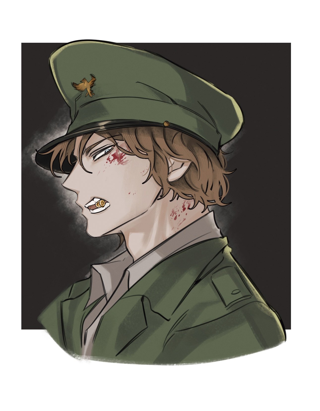 ssom omo, pav (fear & hunger), fear & hunger (series), fear & hunger 2: termina, commentary request, highres, korean commentary, 1boy, black background, blonde hair, blood, blood on face, border, bullet biting, cropped shirt, green hat, green jacket, hat, jacket, looking at viewer, male focus, military hat, military uniform, outside border, peaked cap, sideways glance, solo, teeth, white border