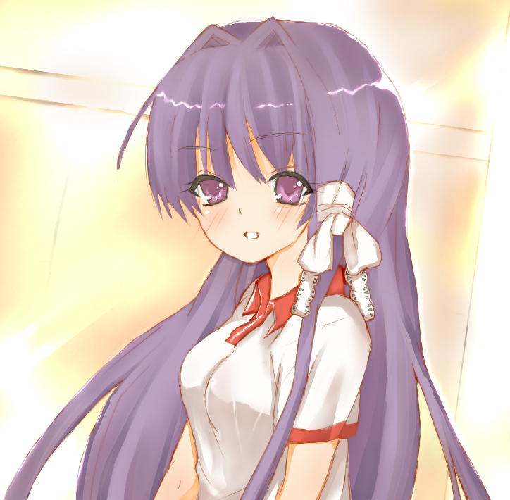 ako (clover01), fujibayashi kyou, clannad, bad id, bad pixiv id, 00s, blush, gym uniform, hair ribbon, long hair, purple eyes, purple hair, ribbon, solo