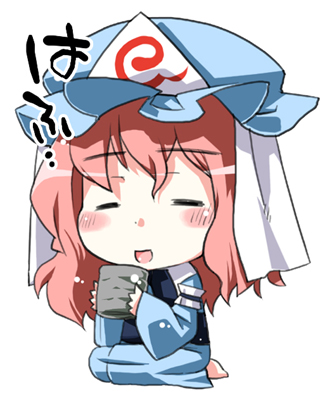 gengorou, saigyouji yuyuko, touhou, lowres, 1girl, blush, chibi, closed eyes, cup, drinking, female focus, full body, hat, mob cap, pink hair, solo, white background