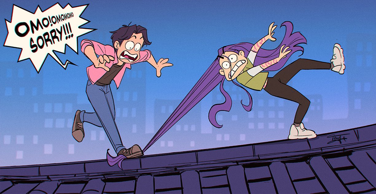 jinu (kpop demon hunters), rumi (kpop demon hunters), kpop demon hunters, commentary, english commentary, 1boy, 1girl, black hair, black shirt, body markings, english text, full body, green shirt, long hair, night, on roof, pink shirt, purple hair, shirt, shoes, short hair, signature, sneakers, speech bubble, stepping on another's hair, tenyais, very long hair
