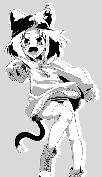 gengorou, animal ears, blush, greyscale, hat, monochrome, no pants, panties, solo, striped clothes, striped panties, sweater, tail, thighhighs, underwear
