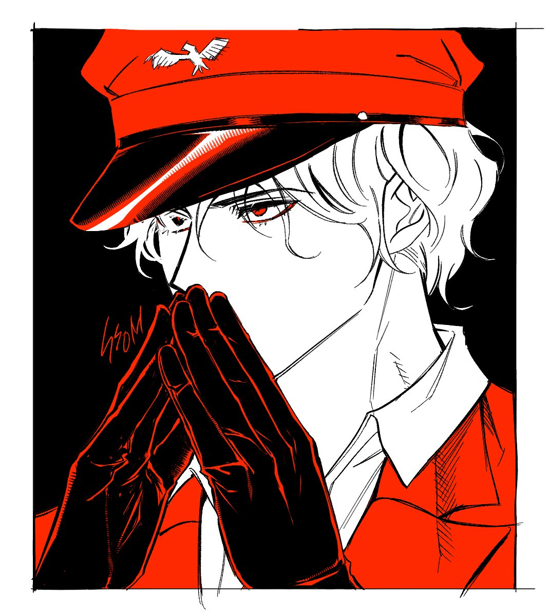 ssom omo, pav (fear & hunger), fear & hunger (series), fear & hunger 2: termina, commentary request, korean commentary, 1boy, artist name, black background, border, gloves, hat, jacket, male focus, military hat, military uniform, monochrome, own hands together, peaked cap, red eyes, red hat, red jacket, red thighhighs, solo, steepled fingers, thighhighs, white border