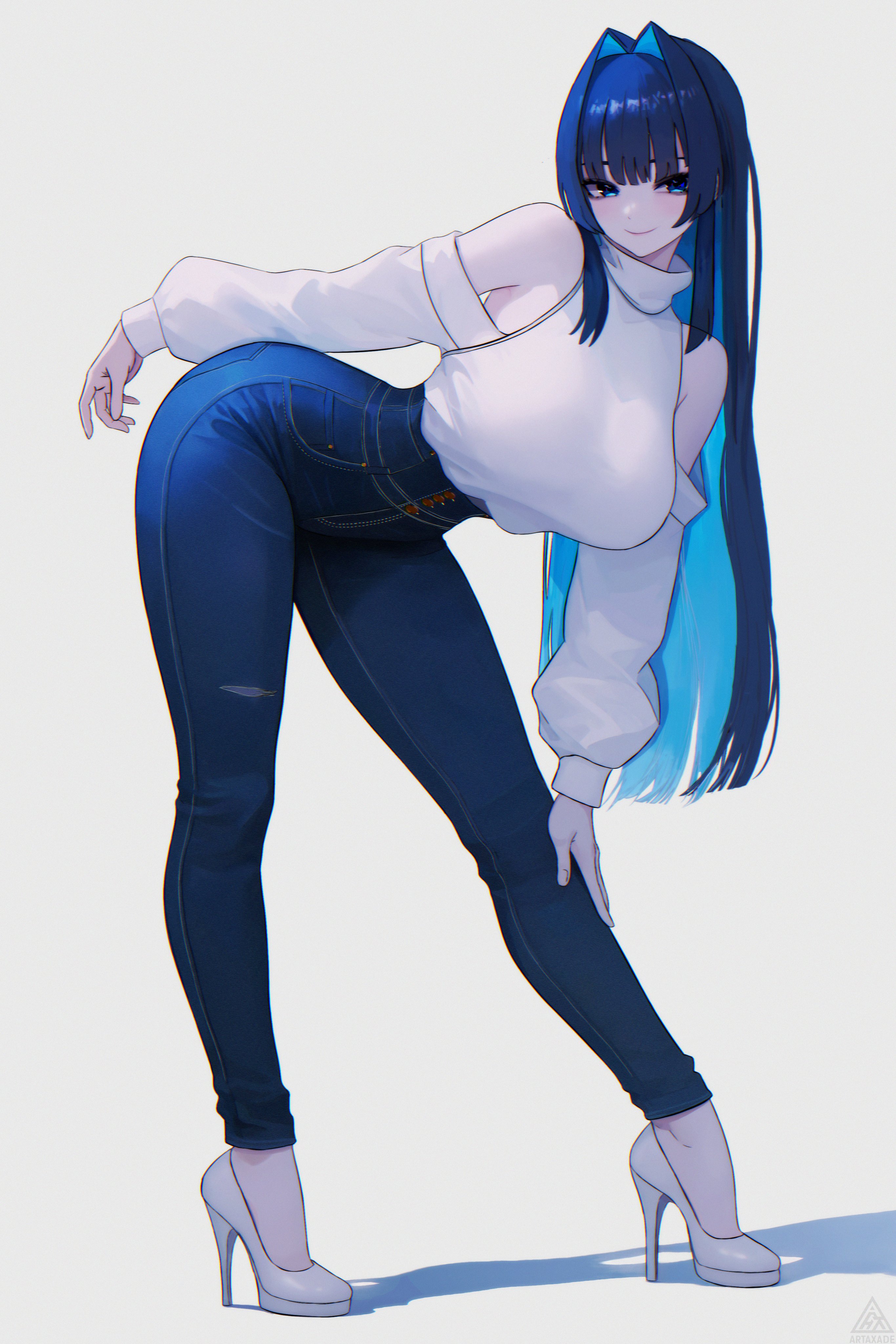 ouro kronii, hololive, hololive english, absurdres, highres, 1girl, ass, blue eyes, blue hair, blue pants, closed mouth, colored inner hair, denim, full body, hair intakes, hamaxade, high-waist pants, jeans, long hair, multicolored hair, pants, simple background, smile, solo, white background
