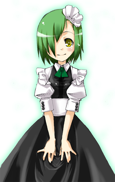 gengorou, 1girl, blush, female focus, gradient background, green hair, hair over one eye, light smile, maid, short hair, smile, solo, v arms, yellow eyes