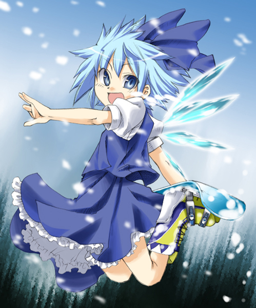gengorou, cirno, touhou, 1girl, blue eyes, blue hair, female focus, full body, gradient background, hair ribbon, matching hair/eyes, ribbon, short hair, skirt, snowboard, solo, wings
