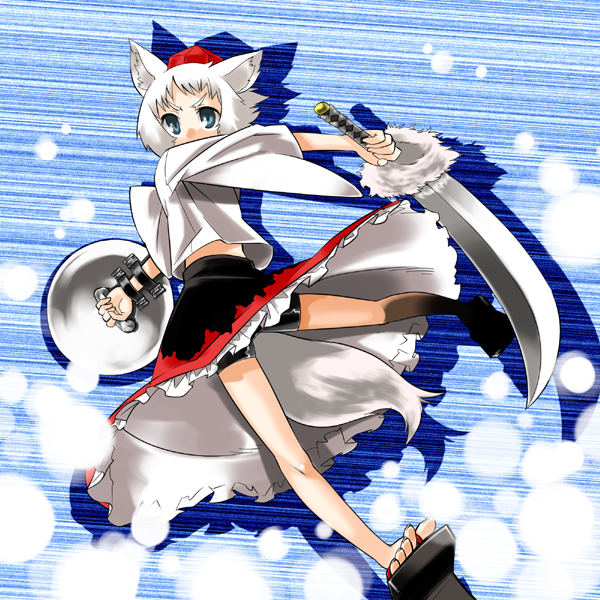 gengorou, inubashiri momiji, touhou, 1girl, animal ears, bike shorts, bike shorts under skirt, blue eyes, feet, female focus, geta, hat, long skirt, sandals, shield, short hair, shorts, shorts under skirt, skirt, solo, spandex, sword, tail, tengu-geta, toes, tokin hat, weapon, white hair, wolf ears