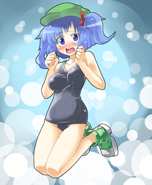 gengorou, kawashiro nitori, touhou, 1girl, black one-piece swimsuit, blue eyes, blue hair, blush, boots, female focus, green boots, hair bobbles, hair ornament, hat, jumping, matching hair/eyes, no socks, one-piece swimsuit, school swimsuit, solo, swimsuit, two side up