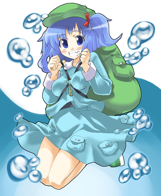 gengorou, kawashiro nitori, touhou, 1girl, backpack, bag, blue hair, blush, female focus, hair bobbles, hair ornament, happy, hat, jumping, randoseru, school swimsuit, solo, swimsuit, swimsuit under clothes, two side up