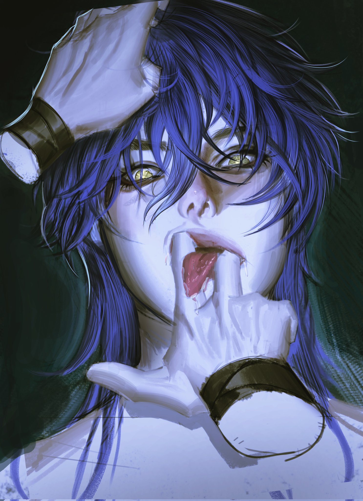 flins (genshin impact), genshin impact, hashtag-only commentary, highres, 1boy, blue hair, disembodied hand, eyelashes, finger in another's mouth, hair between eyes, hand on another's head, lips, long hair, male focus, nose, snuiwm, tongue, upper body, yellow eyes
