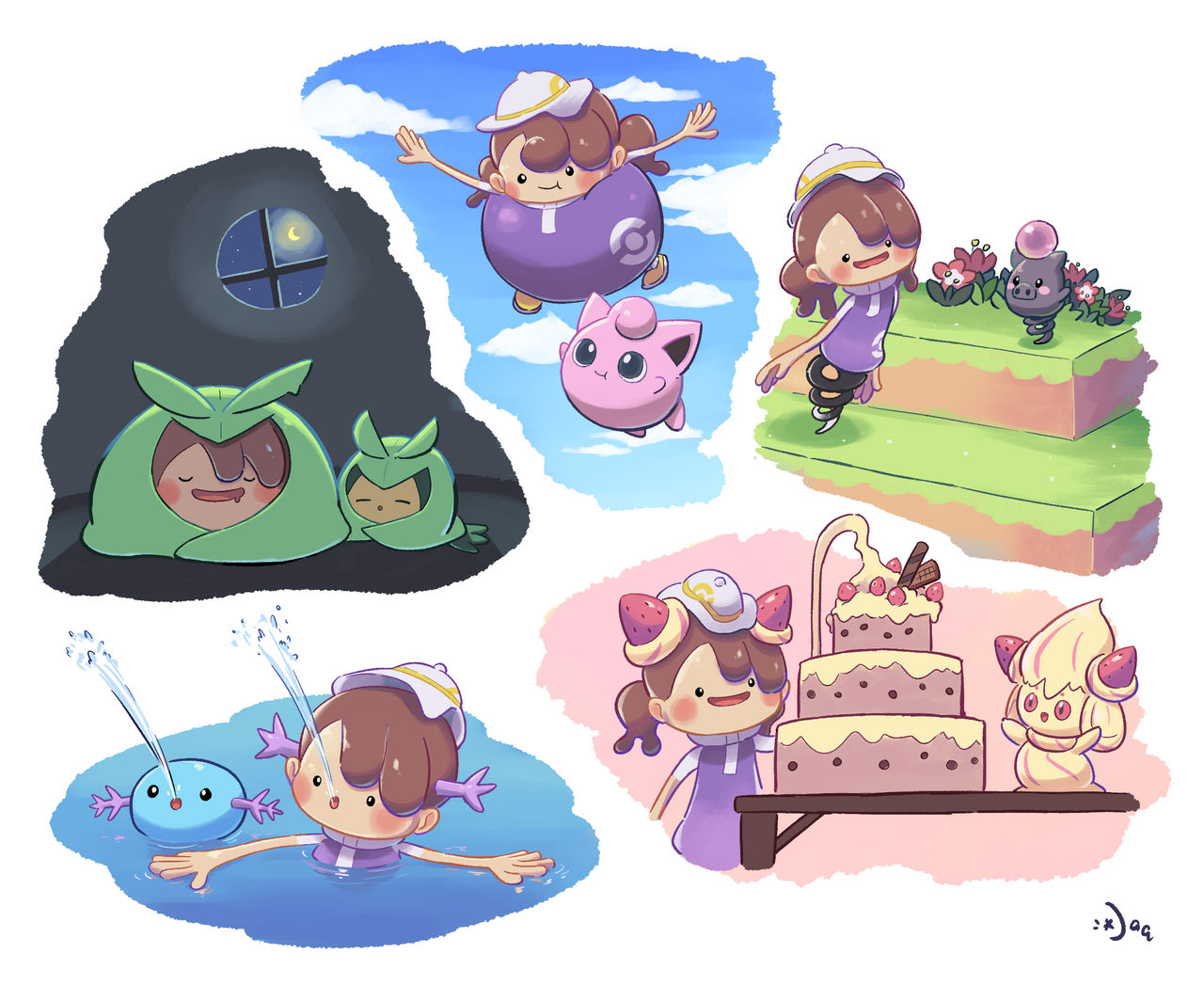 aquabluu, alcremie, alcremie (strawberry sweet), alcremie (vanilla cream), ditto, female protagonist (pokemon pokopia), jigglypuff, spoink, swadloon, transformed ditto, wooper, nintendo, pokemon, pokemon pokopia, commentary, english commentary, 1girl, :o, = =, blue sky, blush, blush stickers, brown hair, cake, closed eyes, closed mouth, cloud, day, drooling, flower, flying, food, gen 1 pokemon, gen 2 pokemon, gen 3 pokemon, gen 5 pokemon, gen 8 pokemon, hat, indoors, mouth drool, multiple views, night, night sky, nostrils, on table, open mouth, outdoors, outstretched arms, pokemon (creature), pokemon focus, purple shirt, red eyes, shirt, sky, sleeping, smile, spread arms, star (sky), swimming, table, transformation, twintails, water, white hat, window
