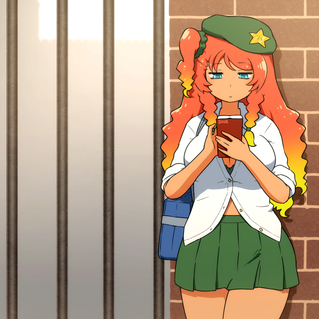 shirosato, hong meiling, touhou, commentary request, 1girl, alternate costume, bag, beret, blonde hair, blue eyes, book, bra, bra peek, braid, breasts, brick wall, cleavage, closed mouth, collared shirt, cowboy shot, expressionless, gate, gradient hair, green bra, green hat, green skirt, gyaru, hair ornament, hair scrunchie, hat, hat ornament, holding, holding book, large breasts, long hair, looking down, multicolored hair, one side up, orange hair, school bag, scrunchie, shirt, skirt, solo, star (symbol), star hat ornament, tan, twin braids, underwear, white shirt
