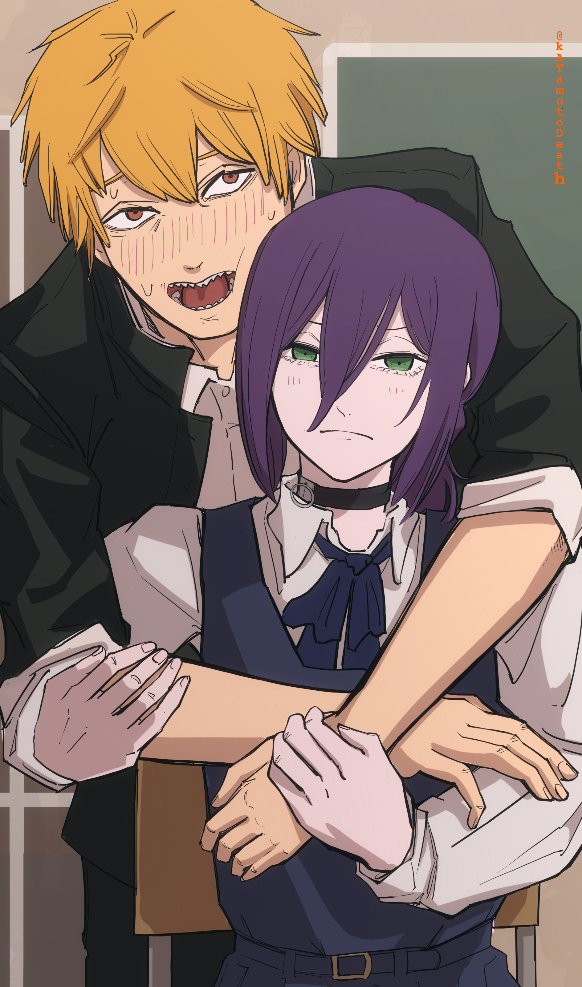 katamotokizami, denji (chainsaw man), reze (chainsaw man), chainsaw man, absurdres, highres, 1boy, 1girl, belt, black choker, black dress, black jacket, black pants, blonde hair, blush, chair, choker, dress, gakuran, grenade pin, hair between eyes, hetero, hug, hug from behind, indoors, jacket, long hair between eyes, looking at viewer, on chair, pants, pinafore dress, purple hair, school uniform, sharp teeth, sitting, sleeveless, sleeveless dress, sweatdrop, teeth