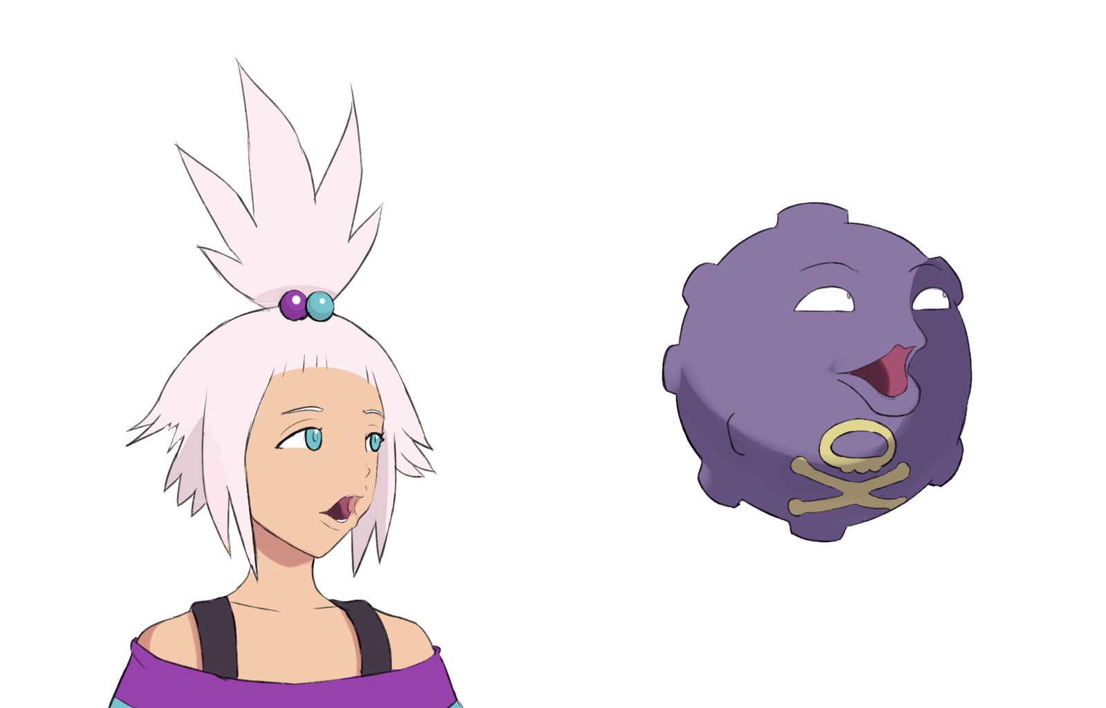 countgate, koffing, roxie (pokemon), nintendo, pokemon, pokemon bw2, commentary, commission, english commentary, highres, 1girl, blue eyes, dress, gen 1 pokemon, hair bobbles, hair ornament, looking to the side, meme, multicolored hair bobbles, off-shoulder dress, off shoulder, open mouth, pogchamp (meme), pokemon (creature), short hair, simple background, topknot, upper body, white background, white hair