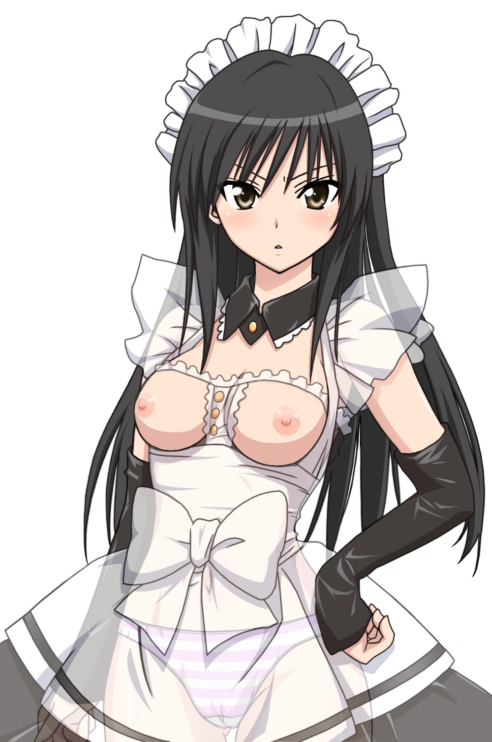kotegawa yui, to love-ru, highres, 00s, 1girl, black hair, breasts, detached sleeves, female focus, long hair, maid, panties, see-through clothes, solo, striped clothes, striped panties, underwear