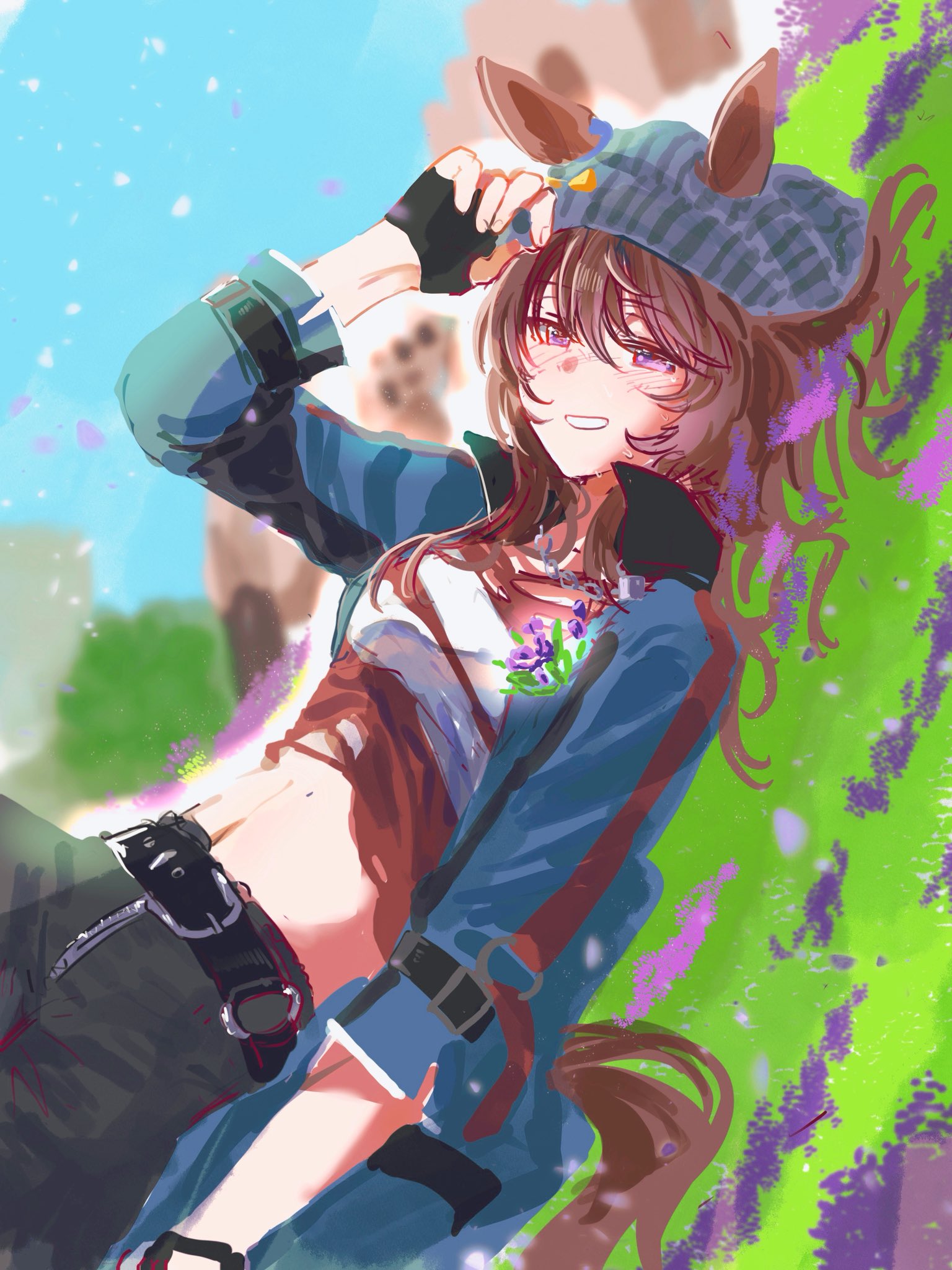 roroko momo, nakayama festa (umamusume), umamusume, highres, 1girl, animal ears, beanie, brown hair, dice, dice necklace, ears through headwear, grey hat, hat, horse ears, horse girl, horse tail, jewelry, lying, navel, necklace, on back, pink eyes, smile, solo, tail