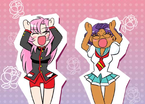 jou (miruge), jou (pixiv280897), himemiya anthy, tenjou utena, shoujo kakumei utena, lowres, 2girls, ^ ^, caramelldansen, closed eyes, dancing, multiple girls, parody