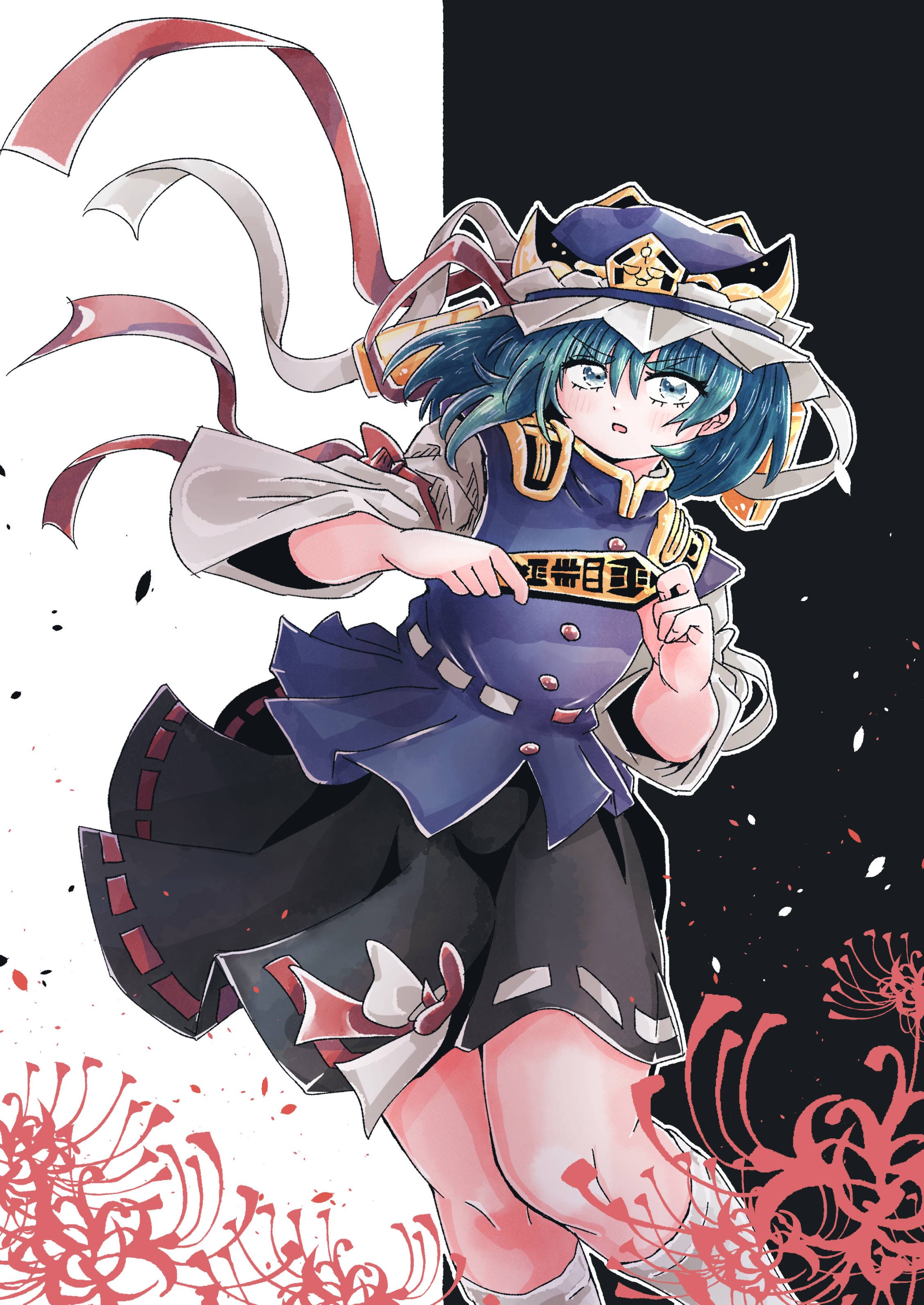 kazamichisha, shiki eiki, touhou, absurdres, commentary request, highres, 1girl, black background, black skirt, blue hat, blue vest, blush, bow, buttons, epaulettes, feet out of frame, flower, frilled hat, frills, green eyes, green hair, hair between eyes, hat, holding, long sleeves, looking at viewer, medium hair, open mouth, red bow, ribbon-trimmed skirt, ribbon-trimmed vest, ribbon trim, rod of remorse, shirt, skirt, sleeve bow, socks, solo, spider lily, two-tone background, v-shaped eyebrows, vest, white background, white shirt, white socks