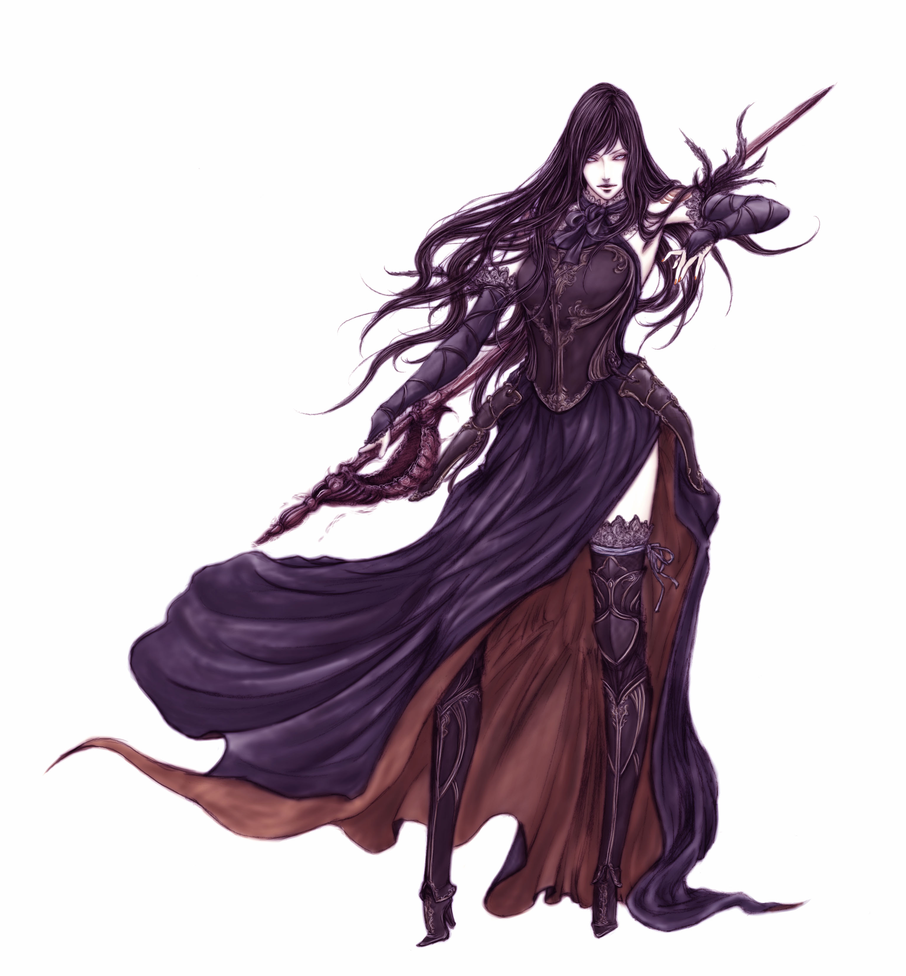 daburoku, shanoa (castlevania), castlevania: order of ecclesia, castlevania (series), konami, absurdres, highres, 1girl, black hair, blue eyes, boots, dress, elbow gloves, female focus, gloves, goth fashion, high heels, long hair, nail polish, shoes, solo, sword, thigh boots, thighhighs, weapon