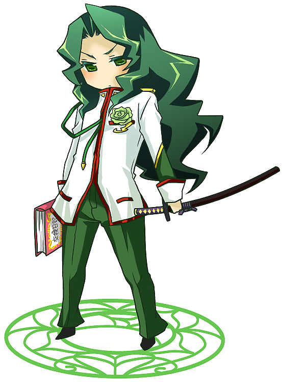 chisaki (apple custard), sen saki(pixiv2565), saionji kyouichi, shoujo kakumei utena, uniform, 1990s (style), 1boy, aiguillette, book, emblem, flower, green eyes, green flower, green hair, green rose, katana, long hair, male focus, matching hair/eyes, rose, solo, sword, weapon