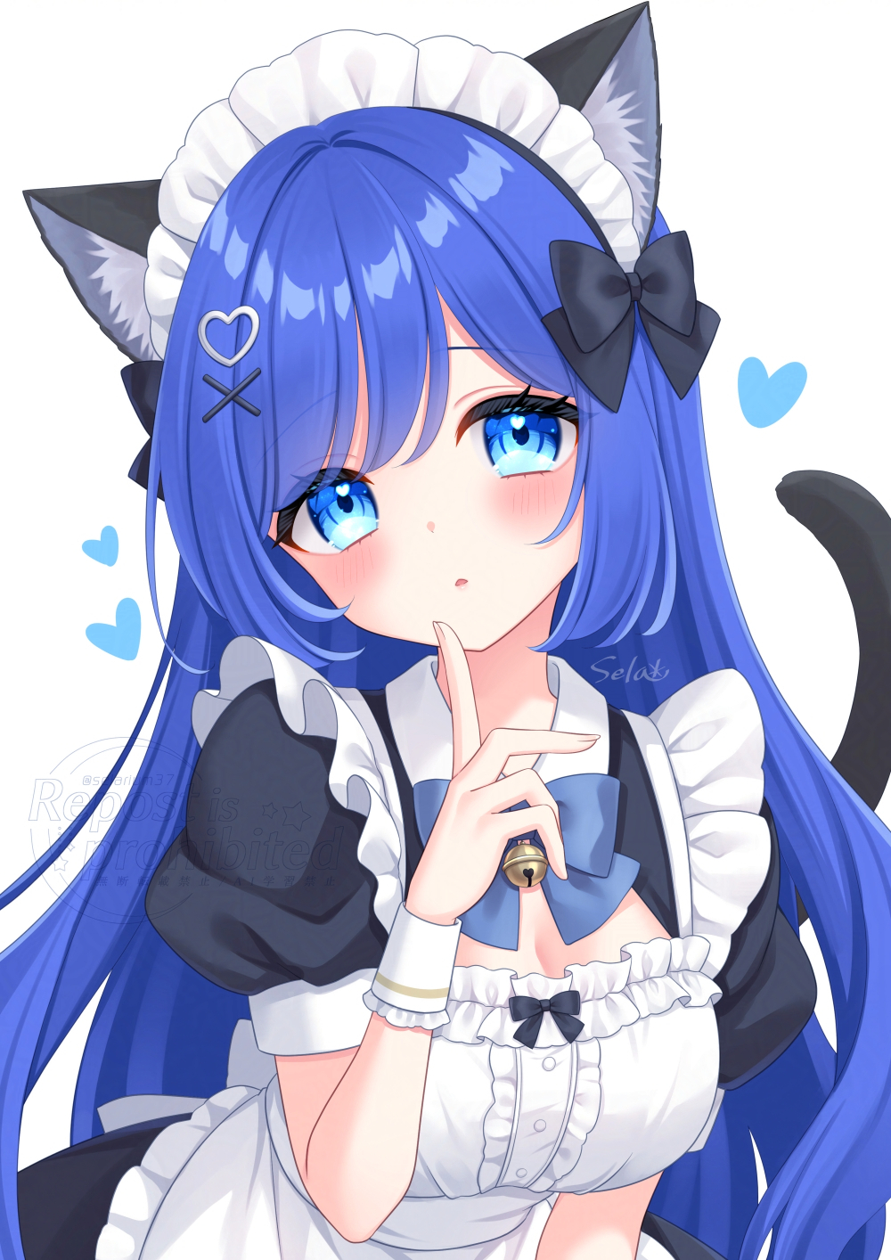 stardrop, original, commentary request, highres, 1girl, animal ear fluff, animal ears, artist name, black bow, black tail, blue bow, blue bowtie, blue eyes, blue hair, blush, bow, bowtie, breasts, cat ears, cat girl, cat tail, cleavage, fingernails, frilled hairband, frills, hair bow, hairband, hand up, heart, heart in eye, large breasts, long hair, maid, maid headdress, parted lips, puffy short sleeves, puffy sleeves, short sleeves, solo, symbol in eye, tail, very long hair, watermark, white hairband