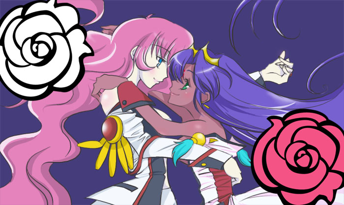 jou (miruge), jou (pixiv280897), himemiya anthy, tenjou utena, kannazuki no miko, shoujo kakumei utena, shoujo kakumei utena adolescence mokushiroku, uniform, bad id, bad pixiv id, 2girls, aiguillette, blue eyes, blush, dark-skinned female, dark skin, epaulettes, female focus, flower, green eyes, long hair, miko embrace, multiple girls, parody, pink hair, purple hair, undressing, very long hair, yuri