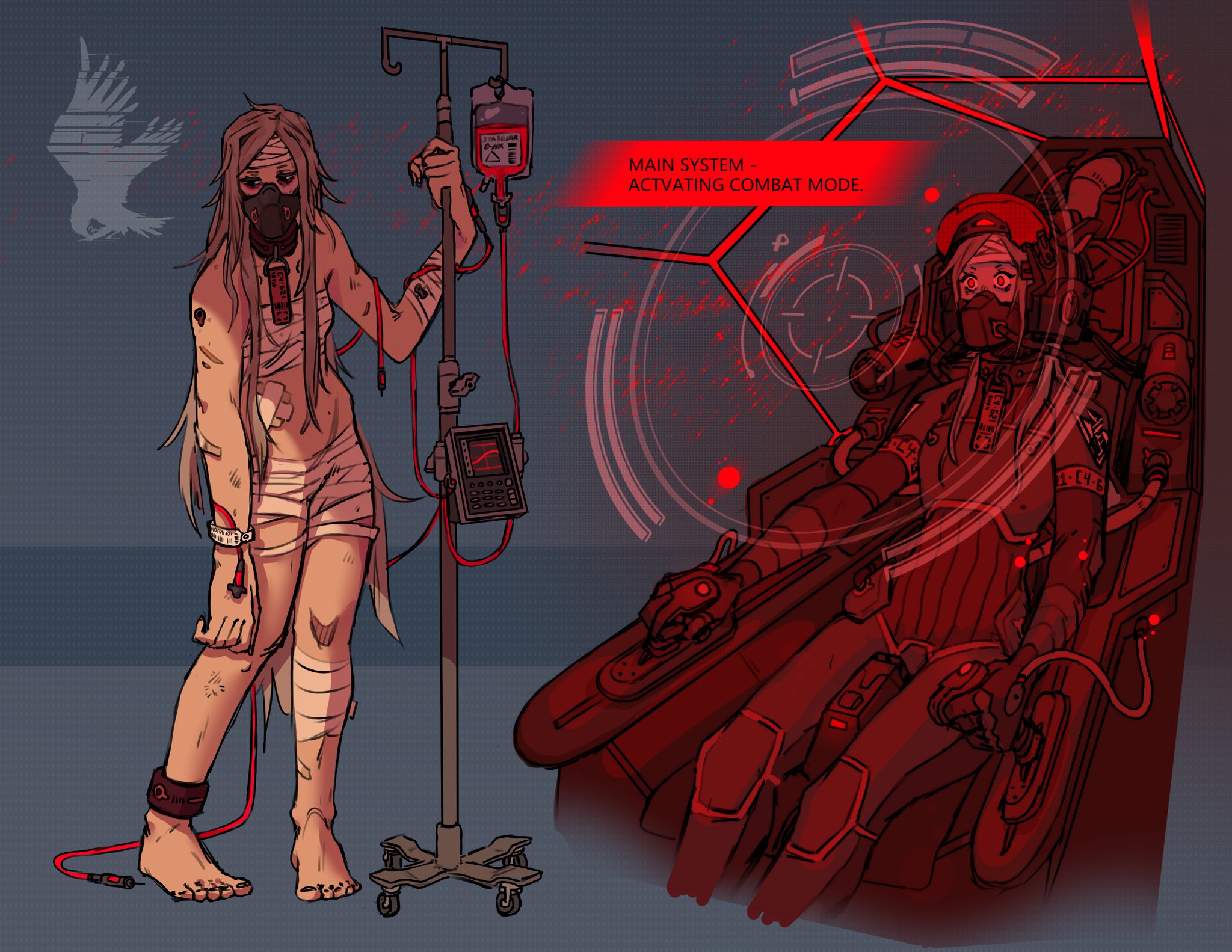 rattlegeist, 621 (armored core vi), armored core, armored core vi: fires of rubicon, fromsoftware, highres, 1girl, bandaged head, bandaged torso, bandages, genderswap, genderswap (mtf), mecha, mecha focus, mecha pilot suit, personification, red eyes, robot, science fiction