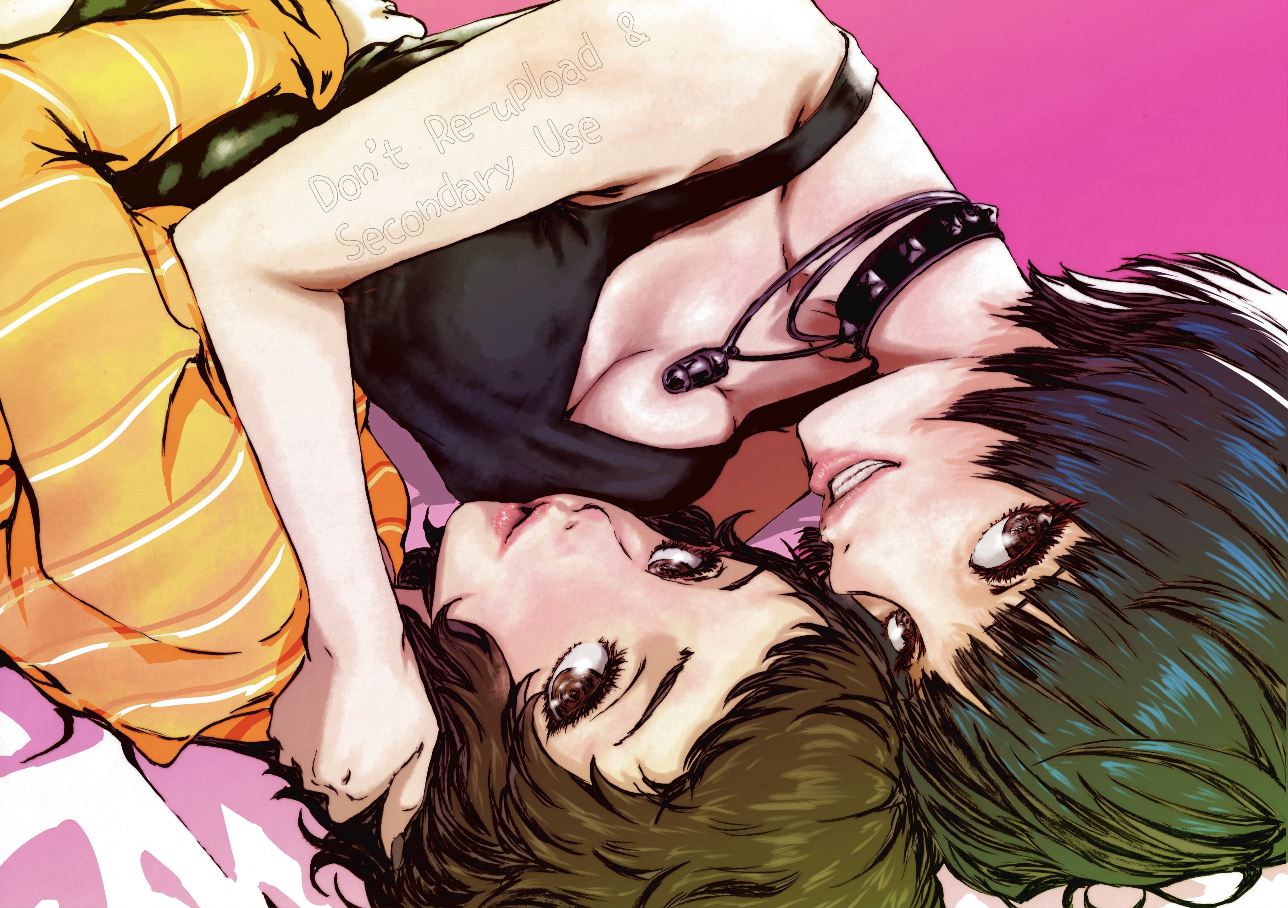 oeilvert fft, kawakami sadayo, takemi tae, persona, persona 5, absurdres, highres, 2girls, black hair, breasts, cleavage, collar, hug, jewelry, looking at viewer, multiple girls, multiple necklaces, necklace, pink background, shirt, short hair, striped clothes, striped shirt, studded collar