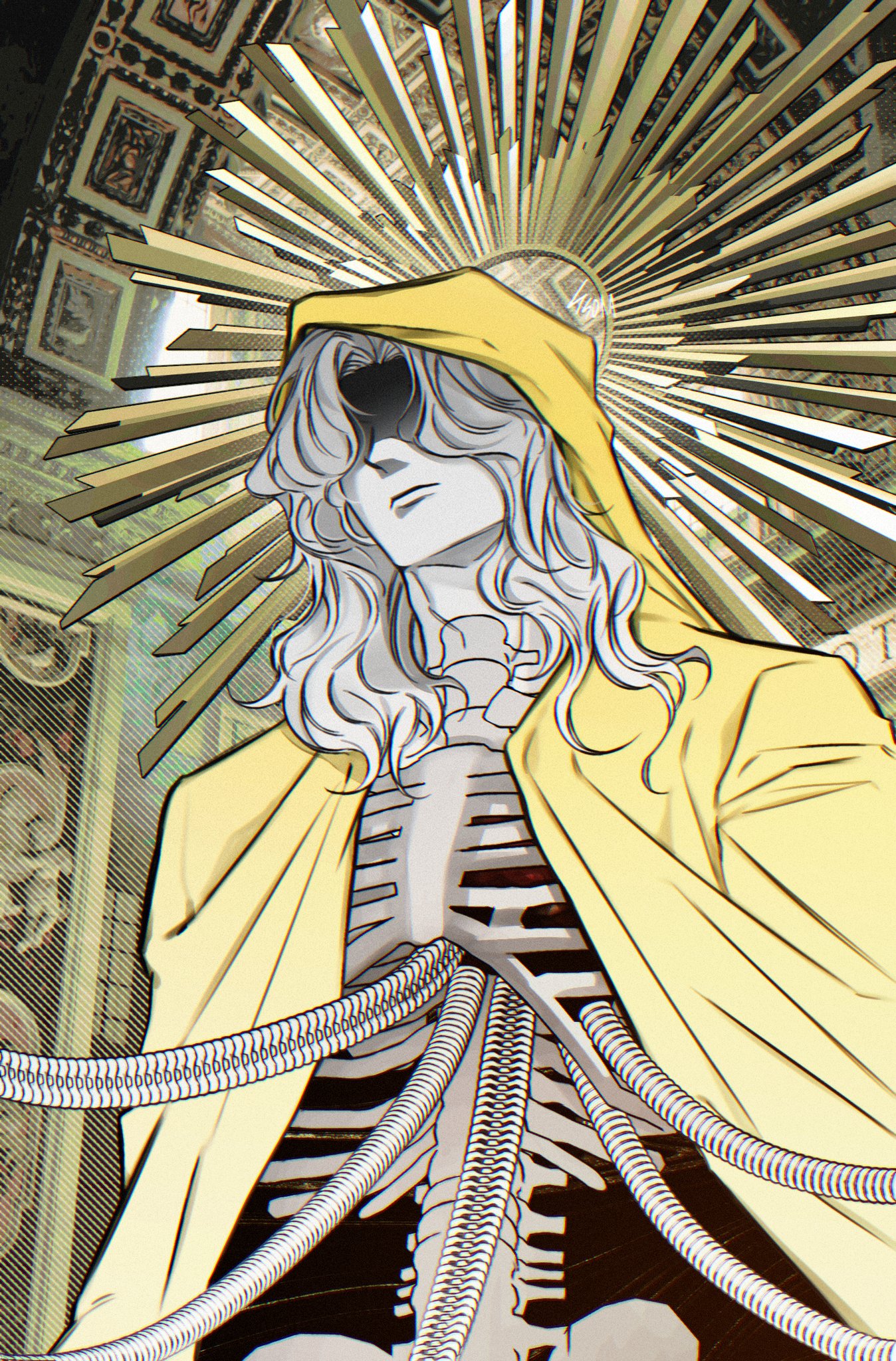 ssom omo, fear & hunger (series), fear & hunger 2: termina, commentary, highres, spoilers, 1boy, cable, closed mouth, from below, grey hair, kaiser (fear & hunger), male focus, medium hair, open clothes, open robe, ribs, robe, skeleton, solo, upper body, yellow robe