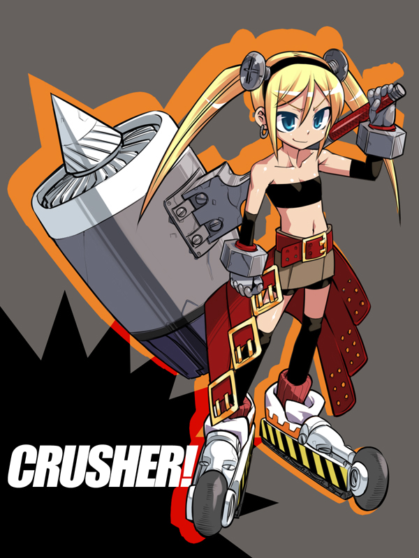 gengorou, bad id, bad pixiv id, 1girl, bandeau, blonde hair, blue eyes, earrings, female focus, flat chest, hammer, huge weapon, inline skates, jewelry, roller skates, skates, solo, strapless, thighhighs, tube top, twintails, weapon