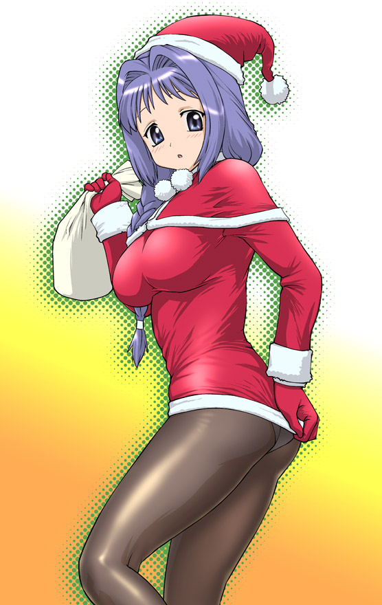 ueyama michirou, minase akiko, kanon, 1girl, ass, blush, braid, breasts, capelet, christmas, female focus, hair intakes, hat, large breasts, mature female, panties, panties under pantyhose, pantyhose, purple hair, red skirt, santa costume, santa hat, side braid, skirt, solo, thighs, underwear