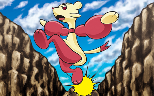 negishi shigenori, mienfoo, nintendo, pokemon, pokemon tcg, official art, third-party source, blue sky, cloud, day, full body, gen 5 pokemon, open mouth, outdoors, outstretched arms, pokemon (creature), pokemon focus, rock, sky, solo, spread arms